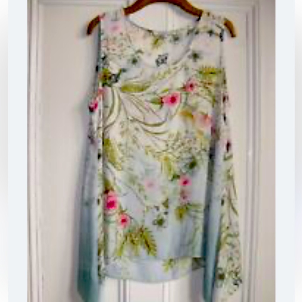 Rose + Olive Floral Light Blue Chiffon Blouse Tank Top Size 1X New